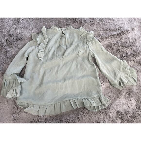 H & M Ruffled 3/4 Sleeve Chiffon Blouse Top Size 2 Green - Picture 9 of 10